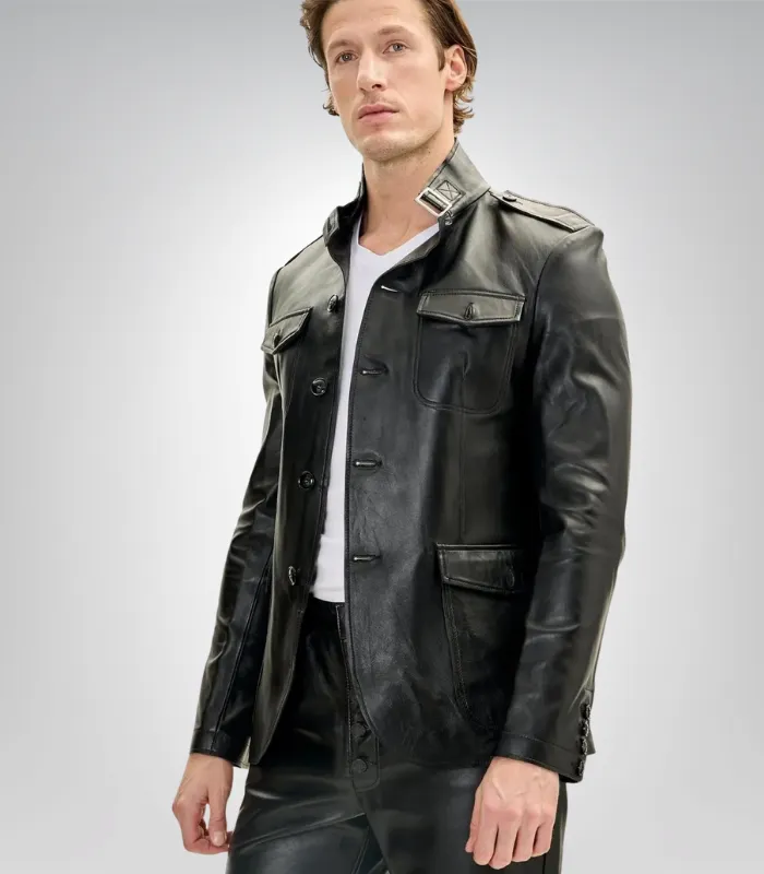 Customizable men’s lambskin leather jacket – black vintage moto shirt
