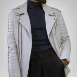 White genuine leather motorcycle jacket for men – slim-fit zipper design