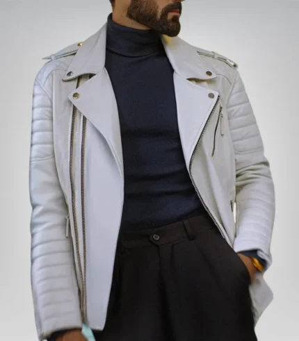 White genuine leather motorcycle jacket for men – slim-fit zipper design