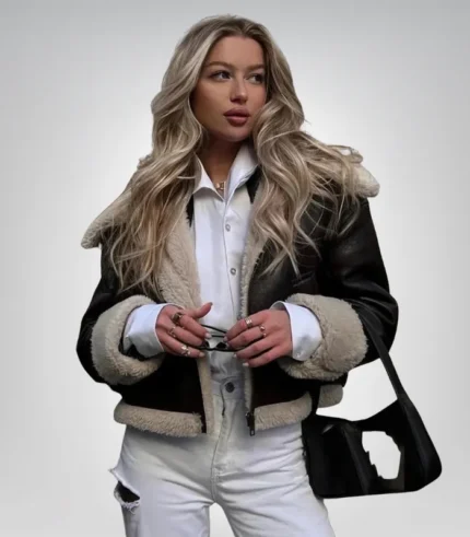 Stylish women’s brown shearling bomber jacket – warm winter outerwear