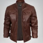 Premium cognac leather biker jacket for men with quilted shoulder design