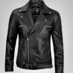 Negan men’s black asymmetrical belted moto leather jacket in premium biker style design