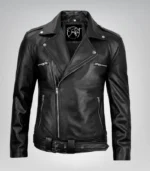 Negan men’s black asymmetrical belted moto leather jacket in premium biker style design
