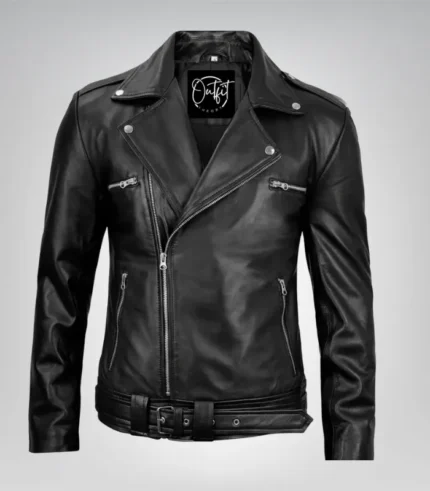 Negan men’s black asymmetrical belted moto leather jacket in premium biker style design