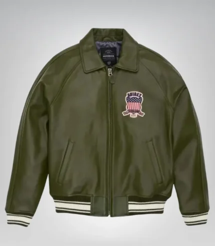 Men’s Avirex olive green leather jacket – vintage bomber aviator style