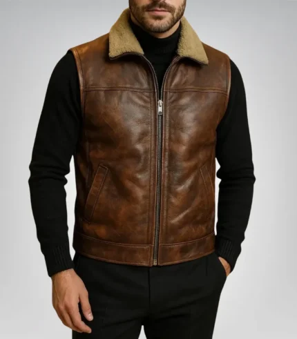 Men’s western cowboy bomber jacket – weathered brown aged lambskin leather