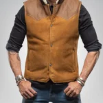 Men’s western shearling vest in tobacco brown – suede leather gilet