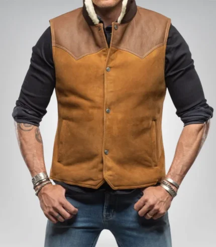 Men’s western shearling vest in tobacco brown – suede leather gilet