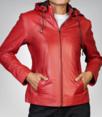Jenny women’s red real leather jacket with detachable hood – stylish versatile design