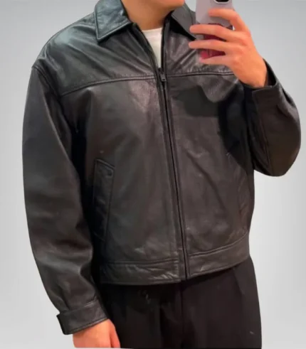 Men’s Black Genuine Leather Jacket – Minimalist Slim Biker Style