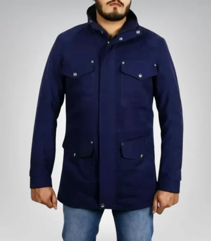 Stylish men’s blue cotton coat – long casual outerwear jacket