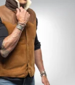 Men’s Western Shearling Vest in Tobacco Brown – Suede Leather Gilet - Image 7