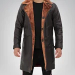 Men’s Dark Brown Leather Shearling Coat 3/4 Length