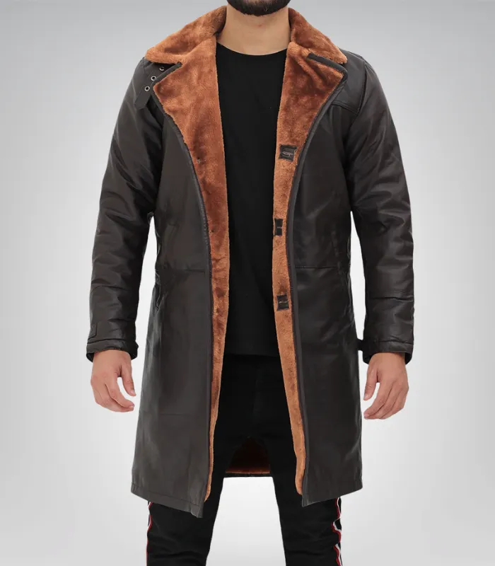 1 Men’s Dark Brown Leather Shearling Coat 3/4 Length - Image 1