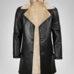 Men’s Black 3/4 Length Genuine Leather Coat with Faux Shearling Lining