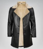 Men’s Black 3/4 Length Genuine Leather Coat with Faux Shearling Lining