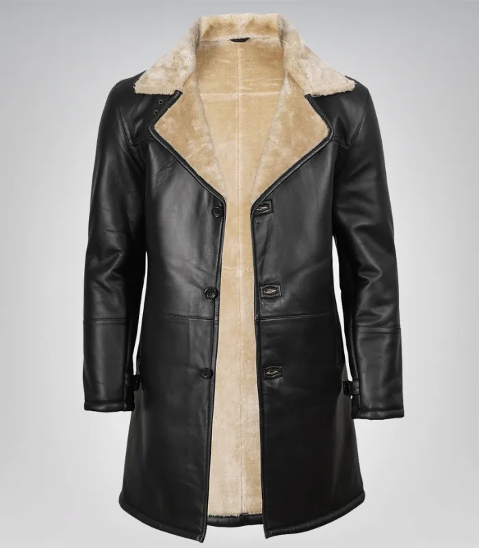 1 Men’s Black 3/4 Length Genuine Leather Coat with Faux Shearling Lining - Image 1