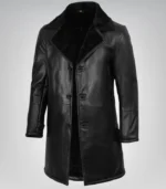 Men’s Black 3/4 Length Genuine Leather Coat with Faux Shearling Lining - Image 3