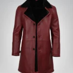 Men’s maroon 3/4 length leather coat with black faux shearling lining