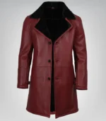 Men’s maroon 3/4 length leather coat with black faux shearling lining
