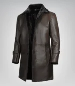 Men’s 3/4 length dark brown genuine leather coat with faux shearling lining