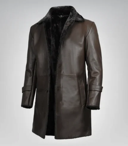 Men’s 3/4 length dark brown genuine leather coat with faux shearling lining