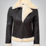 Women’s dark brown B3 shearling leather bomber jacket made from genuine lambskin