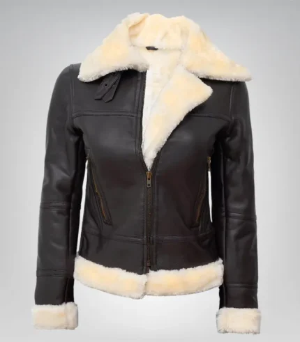 Women’s dark brown B3 shearling leather bomber jacket made from genuine lambskin