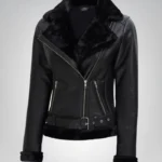 Women’s Black Shearling Leather Biker Jacket – Genuine Lambskin Winter Style