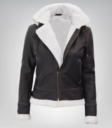 Women’s Mary B3 Dark Brown Shearling Leather Jacket with Removable Hood