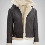 Women’s dark brown hooded shearling leather jacket made from genuine lambskin