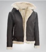 Women’s dark brown hooded shearling leather jacket made from genuine lambskin