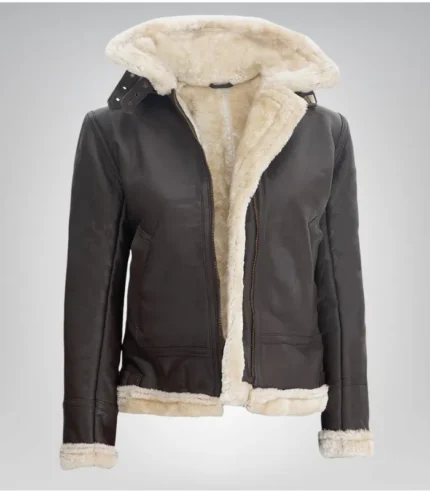 Women’s dark brown hooded shearling leather jacket made from genuine lambskin
