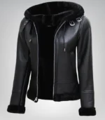Women’s Black Hooded Shearling Leather Jacket – Aviator Winter Style - Image 2