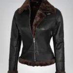 Alt Text: Stylish women’s dark brown shearling leather bomber jacket in classic B3 design
