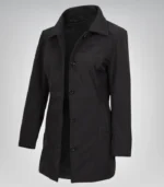 Alt Text: Modern women’s lightweight car coat in black with 3/4 length fit