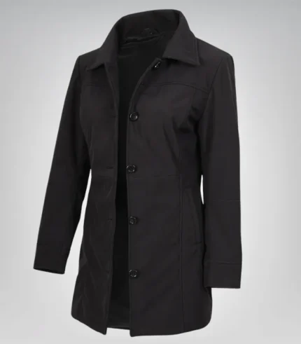Alt Text: Modern women’s lightweight car coat in black with 3/4 length fit