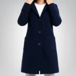 Alt Text: Elegant navy blue wool coat for women with hood, perfect for winter