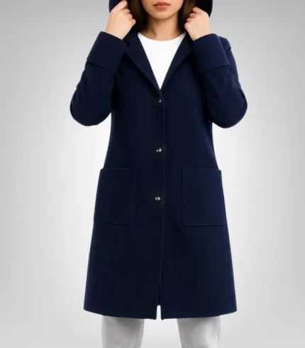Alt Text: Elegant navy blue wool coat for women with hood, perfect for winter