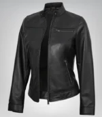 Women’s Black Lambskin Biker Leather Jacket – Tailored Moto Style - Image 4