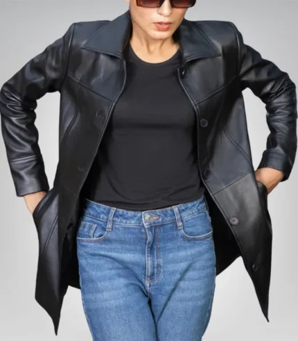 Elegant 3/4 length women’s genuine leather car coat in classic style