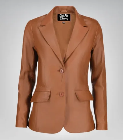 Women’s classic cognac lambskin leather blazer jacket – elegant everyday look