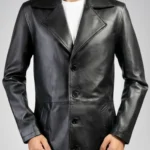 Men’s classic black real leather trench coat – timeless long overcoat design