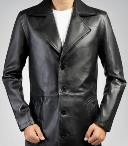 Men’s classic black real leather trench coat – timeless long overcoat design