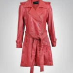 Women’s red genuine leather trench coat with robe belt – elegant long design