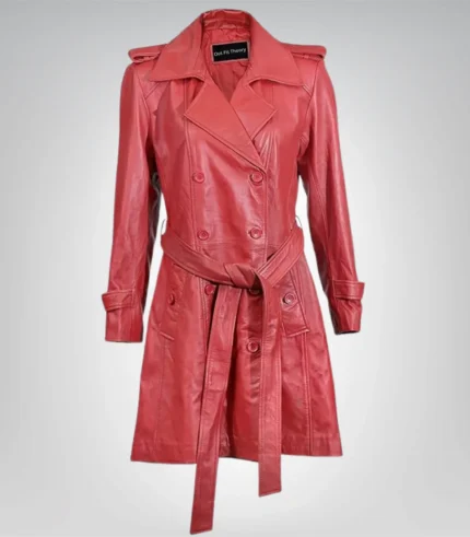 Women’s red genuine leather trench coat with robe belt – elegant long design