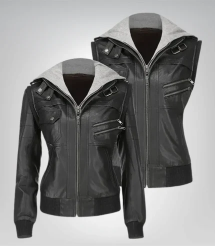 Women’s hooded black lambskin leather jacket – casual everyday style