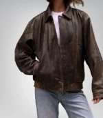 Stylish oversized bomber jacket – women’s brown lambskin outerwear