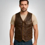 Men’s brown leather motorcycle vest – biker moto racer style