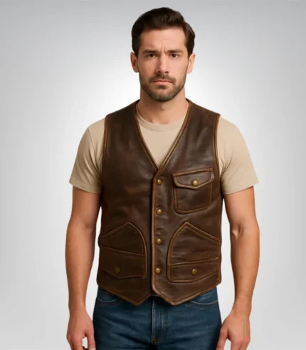 Men’s brown leather motorcycle vest – biker moto racer style